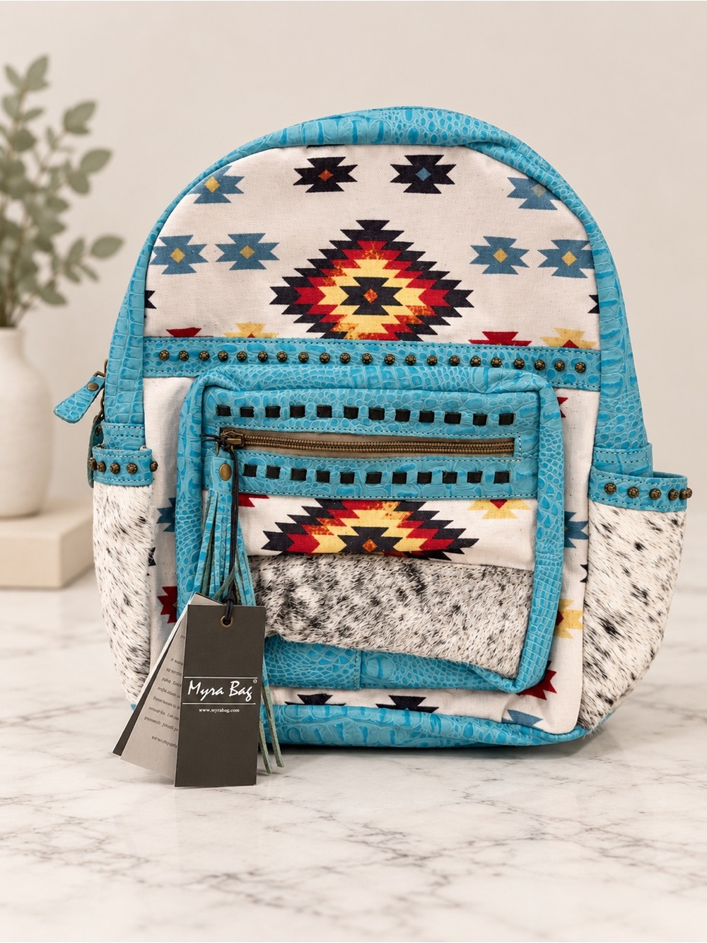Myra Bag Wild Blue Hair-On Hide Western Backpack Turquoise Aztec NWT S-3817